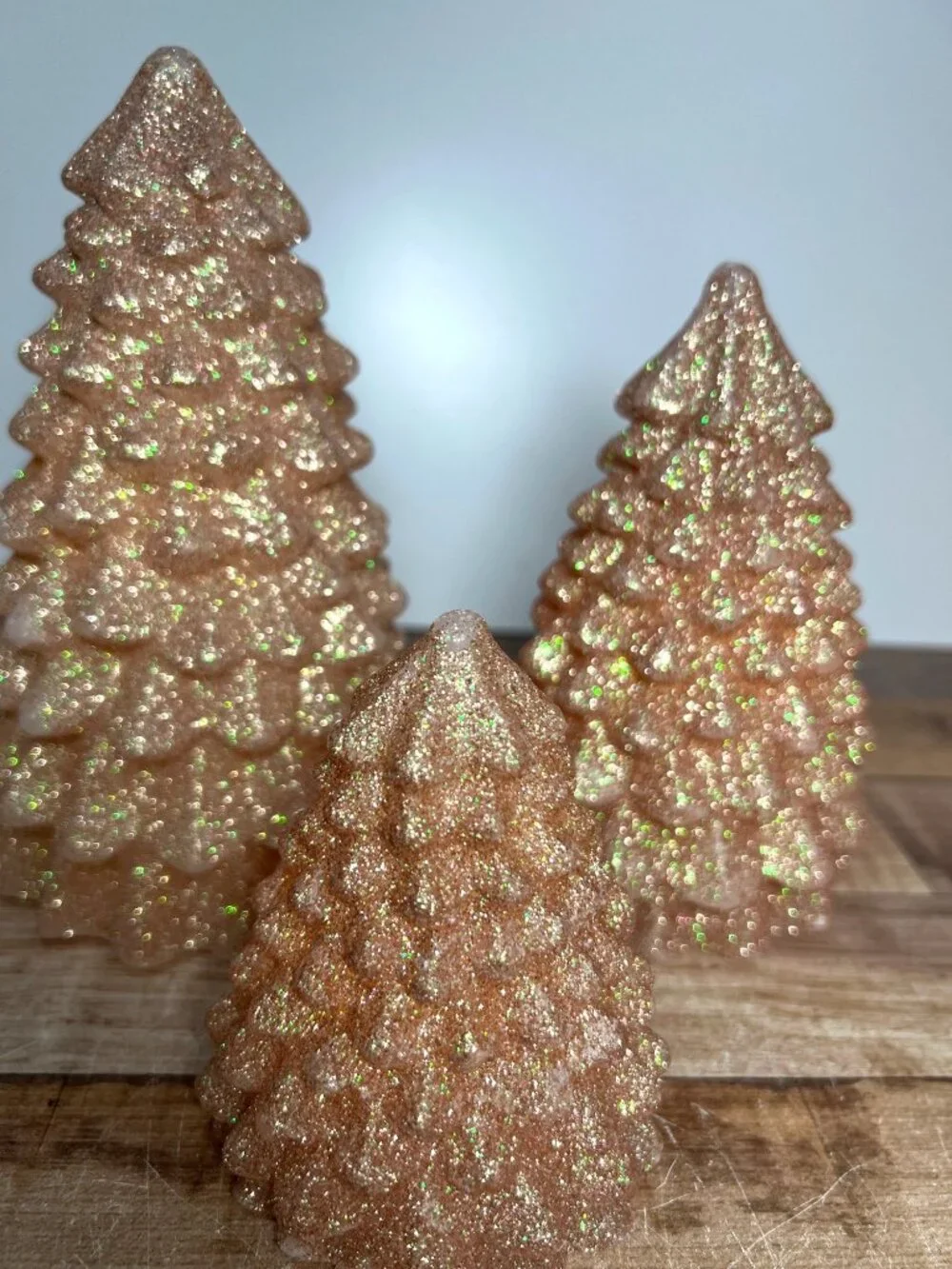 Set Of 3 Glittered LED Christmas Trees In Rose Gold - Battery Operated Festive